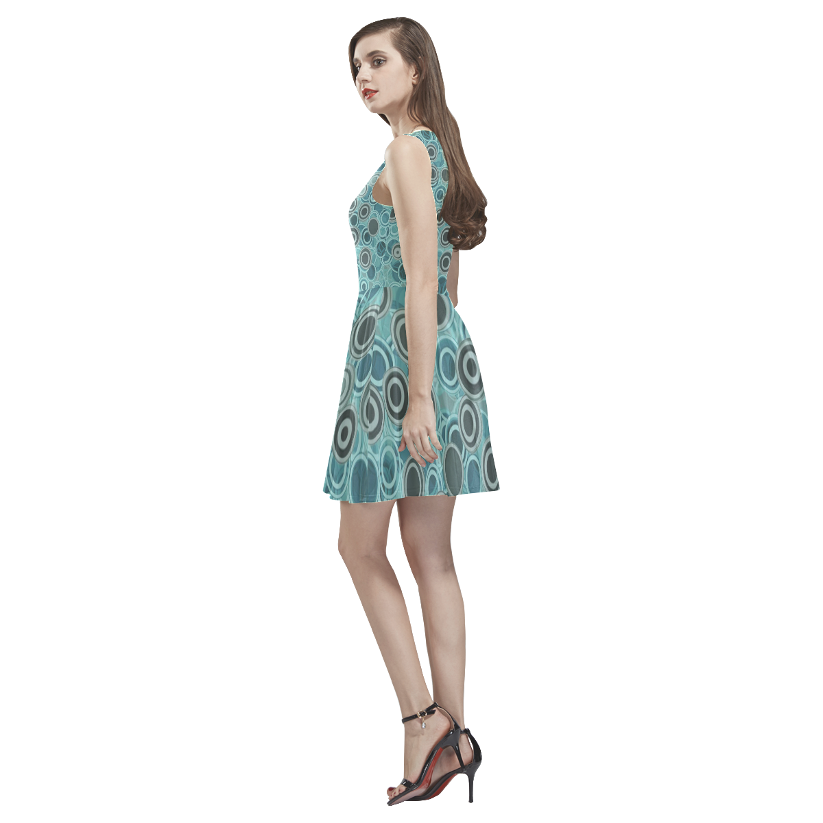 Transparent fun circles in blue - aqua Thea Sleeveless Skater Dress(Model D19)