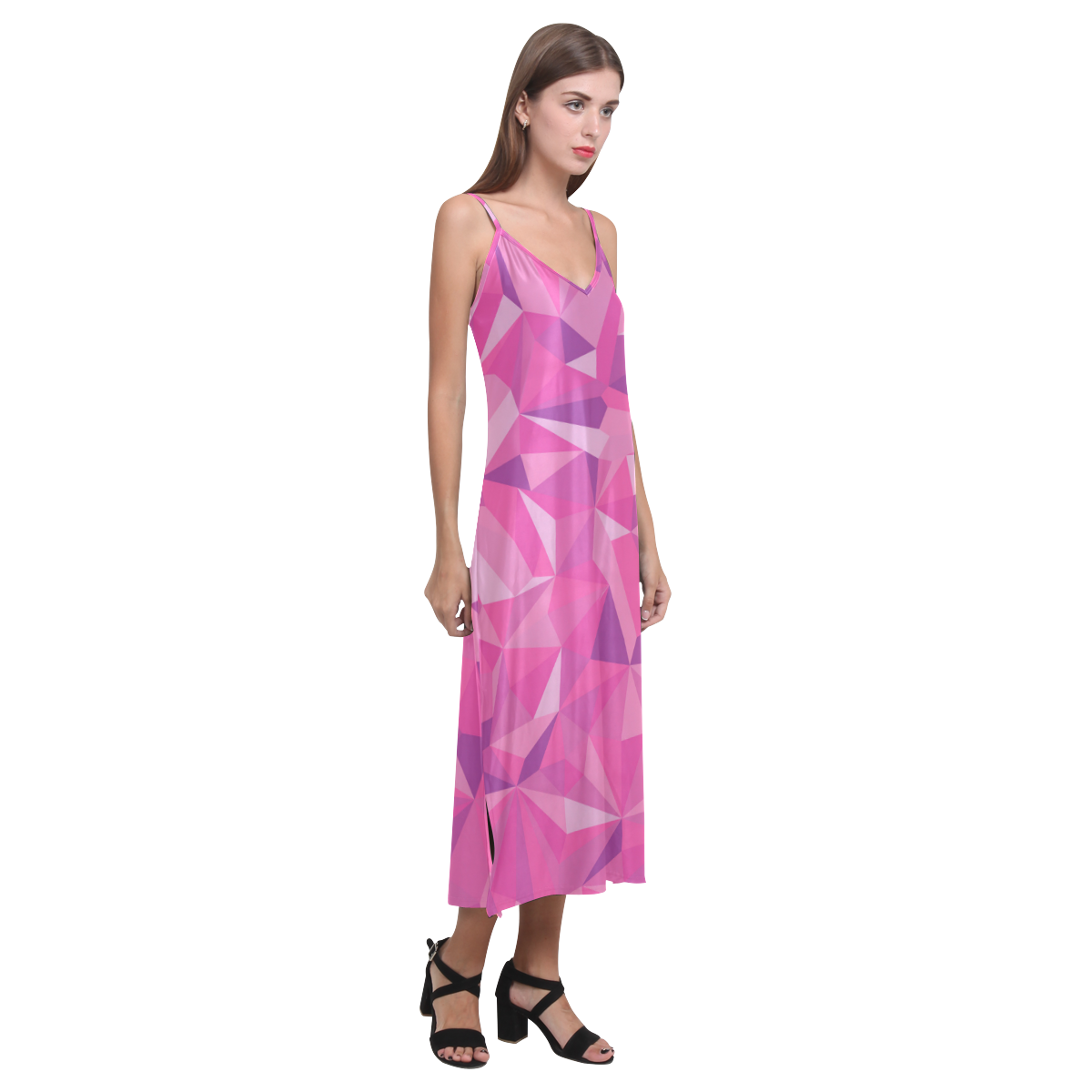 Poppin' Pink Topaz V-Neck Open Fork Long Dress(Model D18)