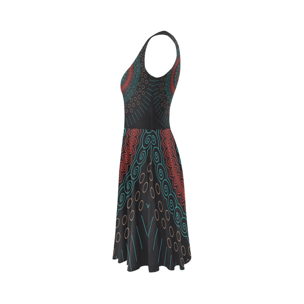 red with green mandala circular Sleeveless Ice Skater Dress (D19)