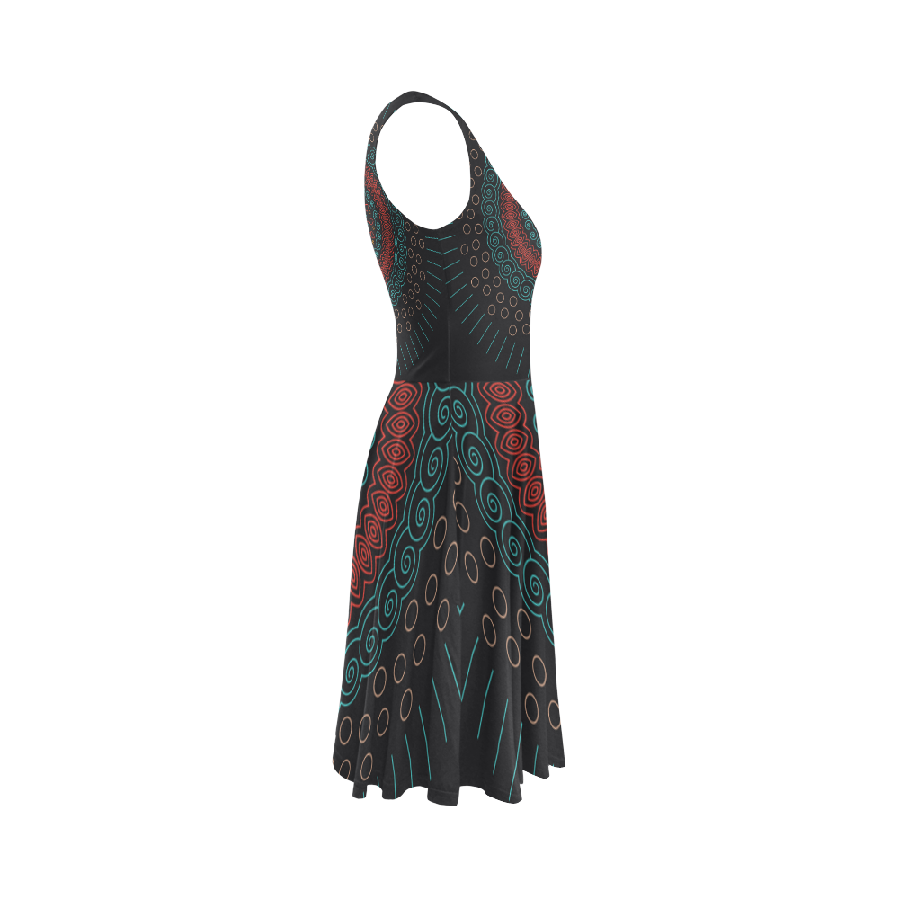 red with green mandala circular Sleeveless Ice Skater Dress (D19)