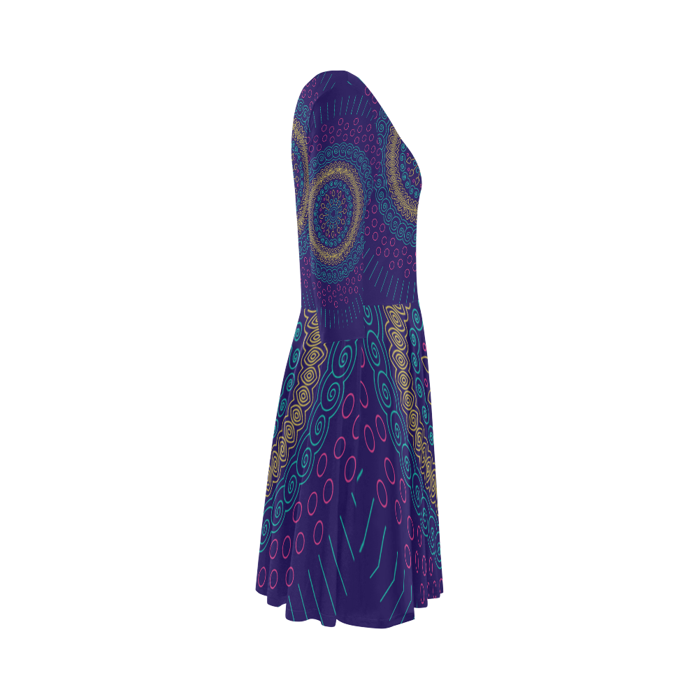 blue mandala circular Elbow Sleeve Ice Skater Dress (D20)