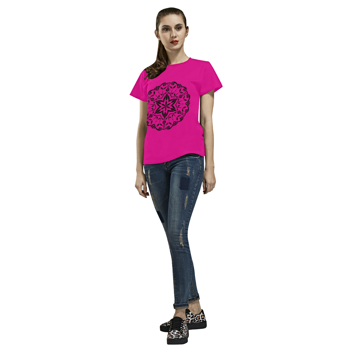 Designers tshirt pink with Black mandala All Over Print T-Shirt for Women (USA Size) (Model T40)
