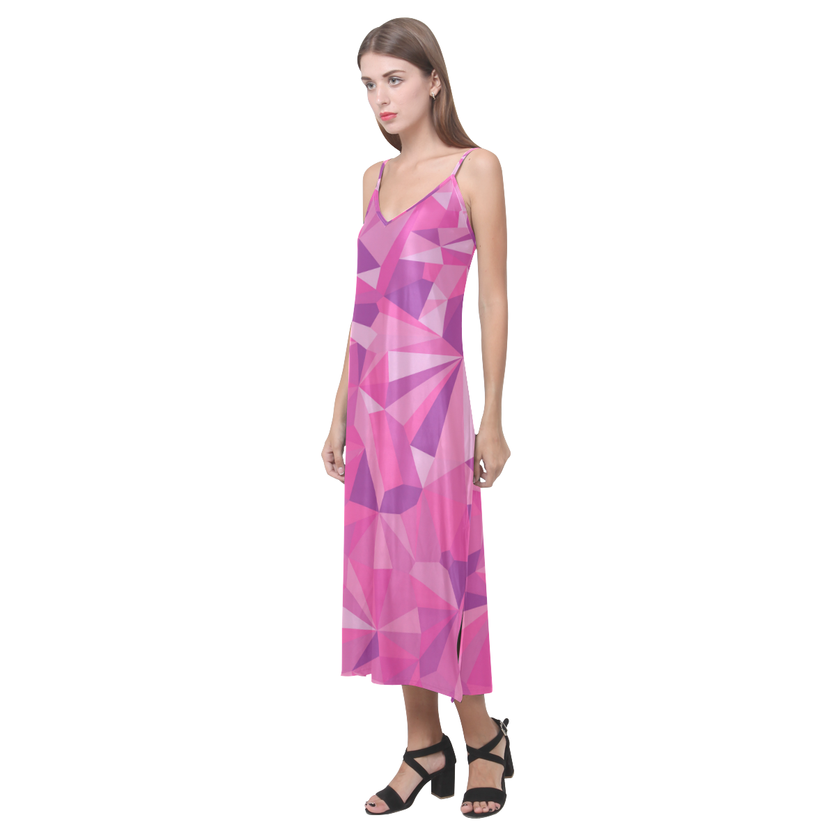 Poppin' Pink Topaz V-Neck Open Fork Long Dress(Model D18)