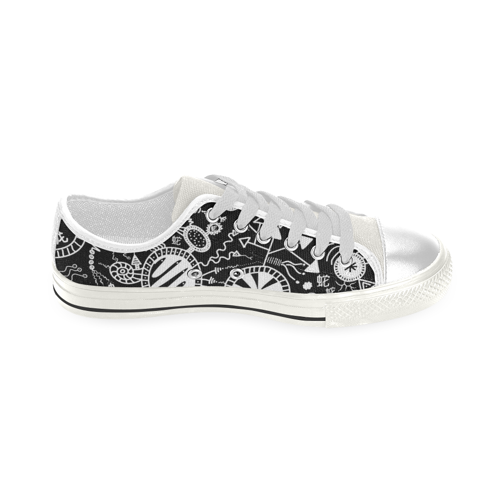 Wheels, Snakes and Worms Black and White Doodle Low Top Canvas Shoes for Kid (Model 018)