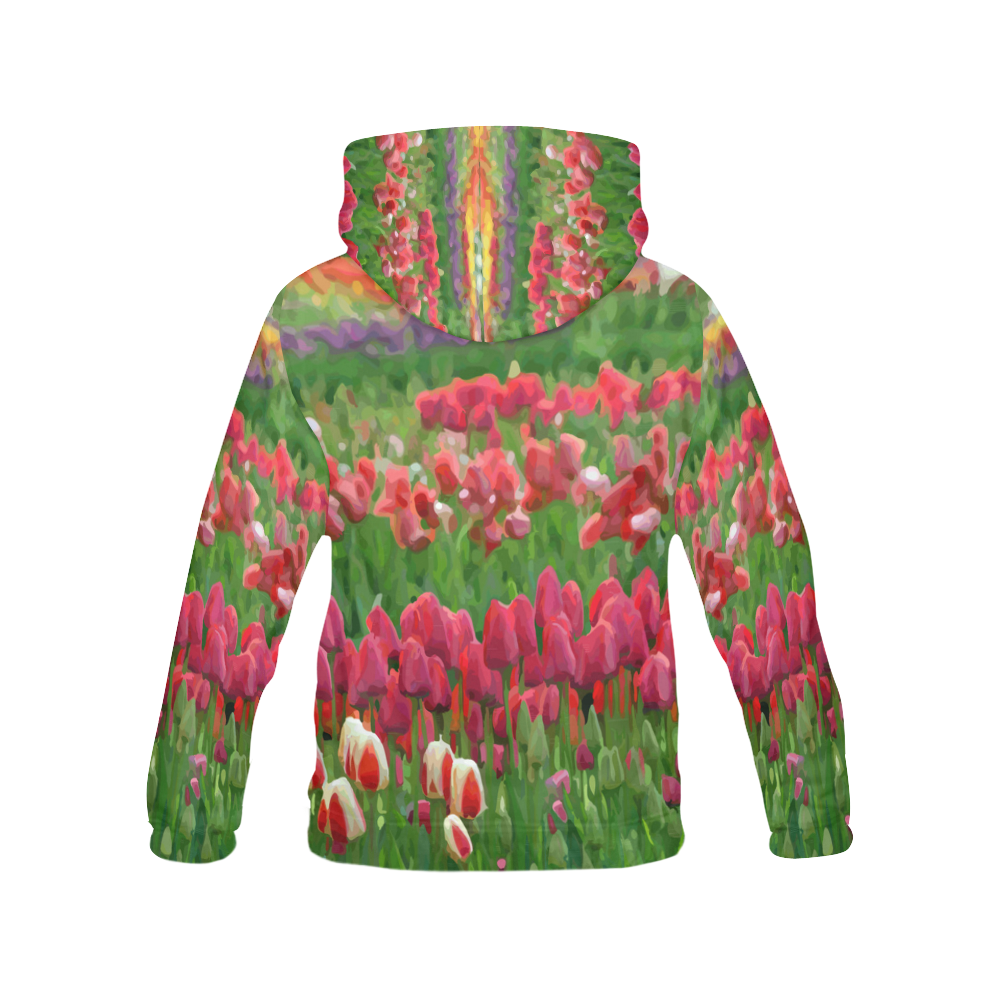 Red White Tulips Floral Landscape All Over Print Hoodie for Women (USA Size) (Model H13)