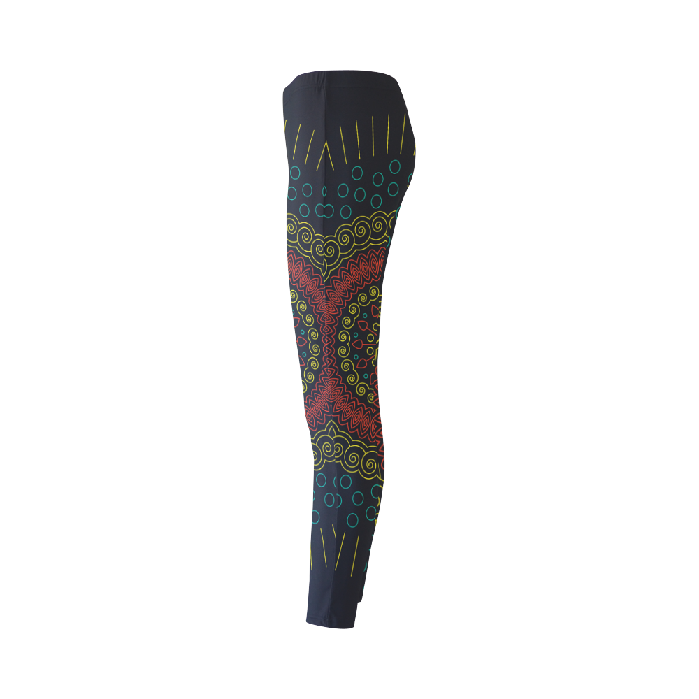 yellow with red mandala circular Cassandra Women's Leggings (Model L01)