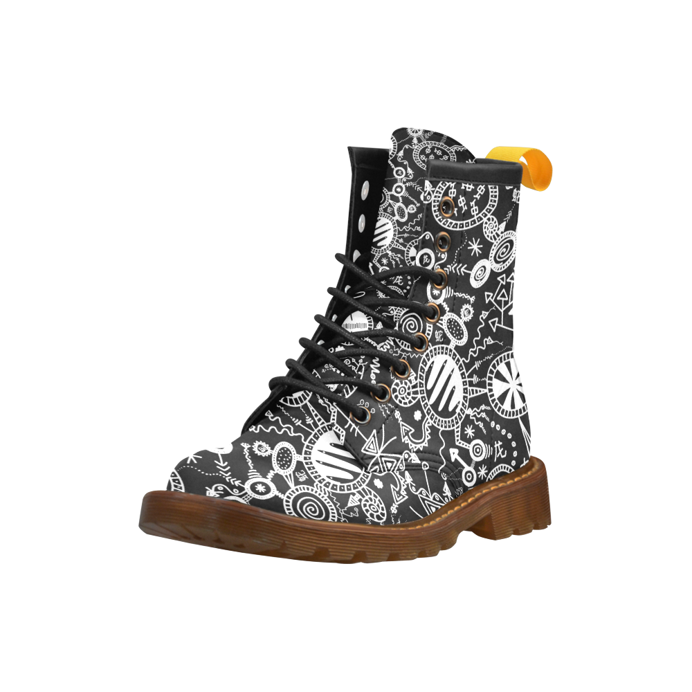 Wheels, Snakes and Worms Black and White Doodle High Grade PU Leather Martin Boots For Women Model 402H