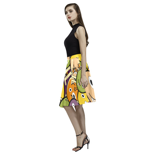 monster colorful doodle Melete Pleated Midi Skirt (Model D15)
