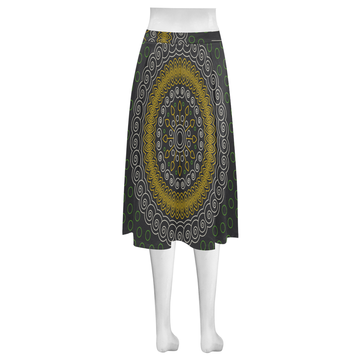 green with yellow mandala circular Mnemosyne Women's Crepe Skirt (Model D16)