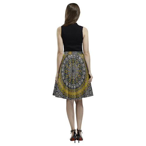 green with yellow mandala circular Melete Pleated Midi Skirt (Model D15)