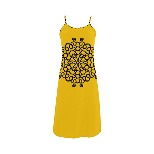 Yellow vintage Designers dress with Black mandala art Alcestis Slip Dress (Model D05)
