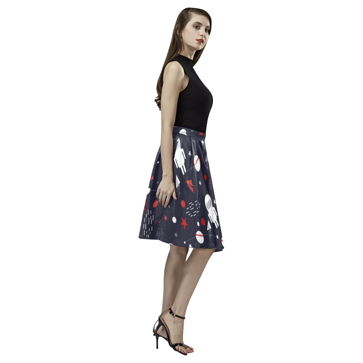 Astronaut Doodle Melete Pleated Midi Skirt (Model D15)