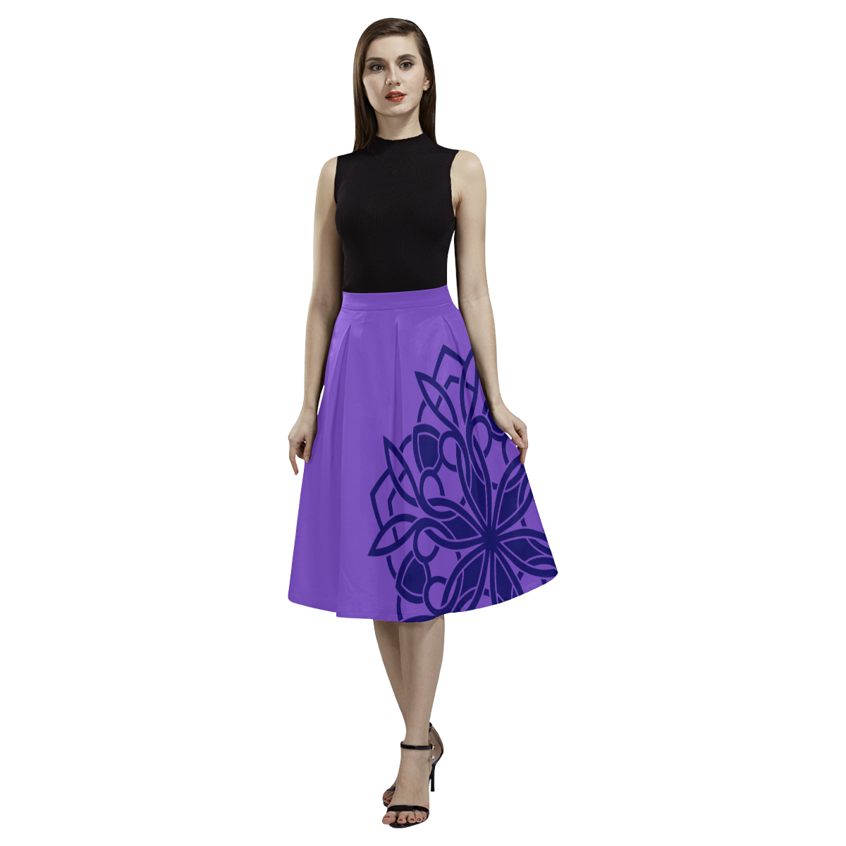 Designers skirt : purple with Black mandala art Aoede Crepe Skirt (Model D16)