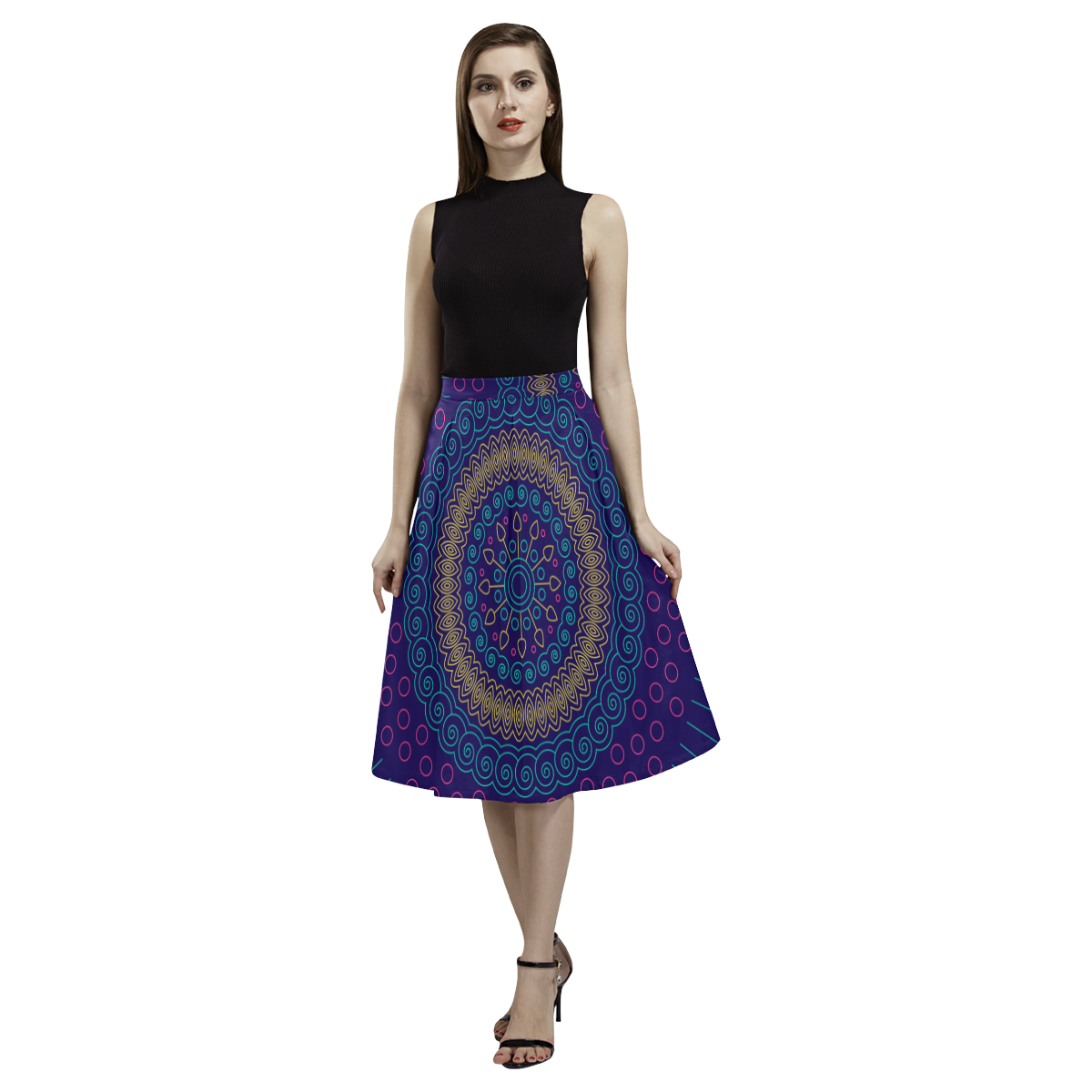 blue mandala circular Aoede Crepe Skirt (Model D16)