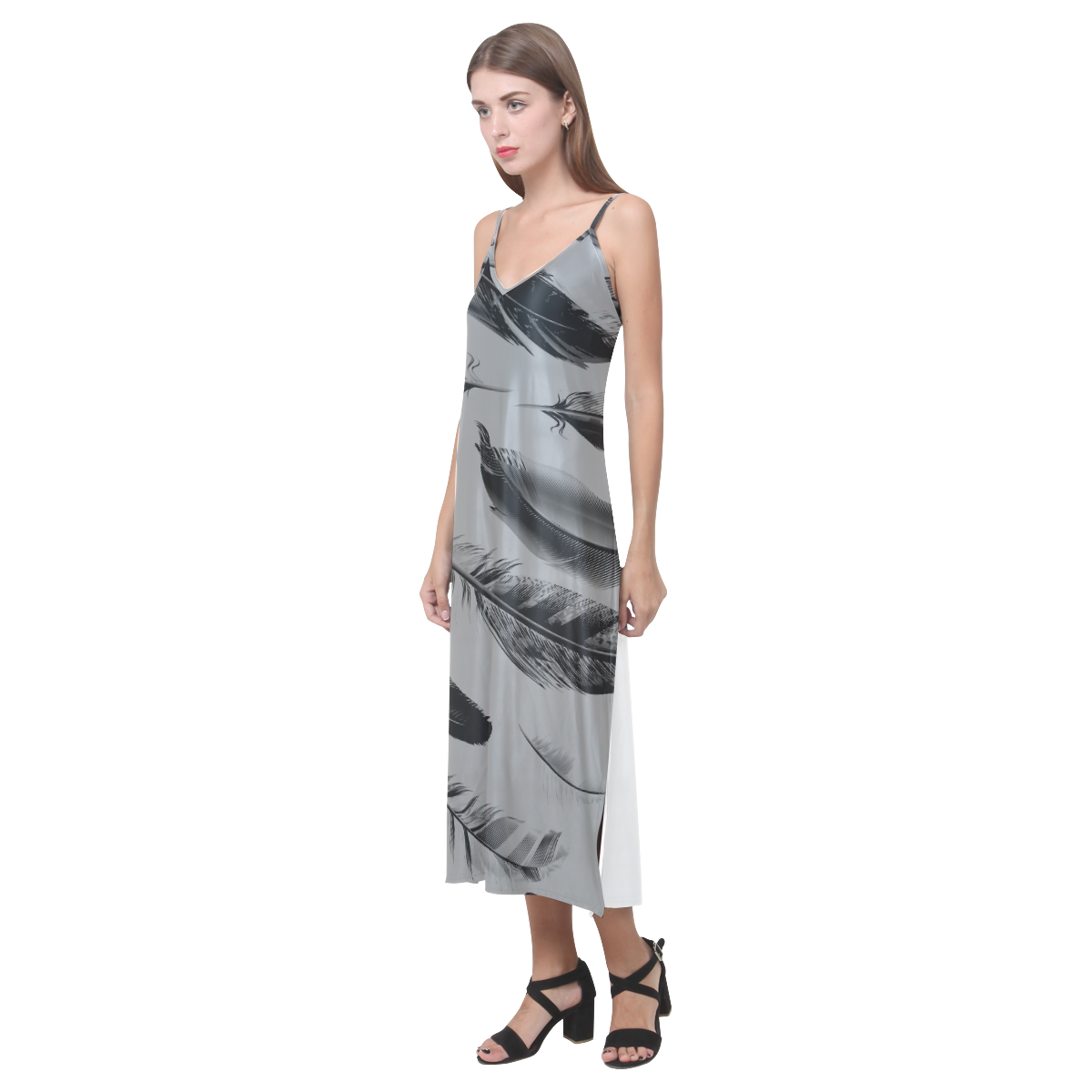 Luxury long Ladies dress with Feathers / grey V-Neck Open Fork Long Dress(Model D18)