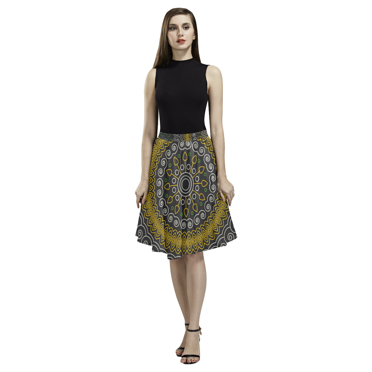 green with yellow mandala circular Melete Pleated Midi Skirt (Model D15)