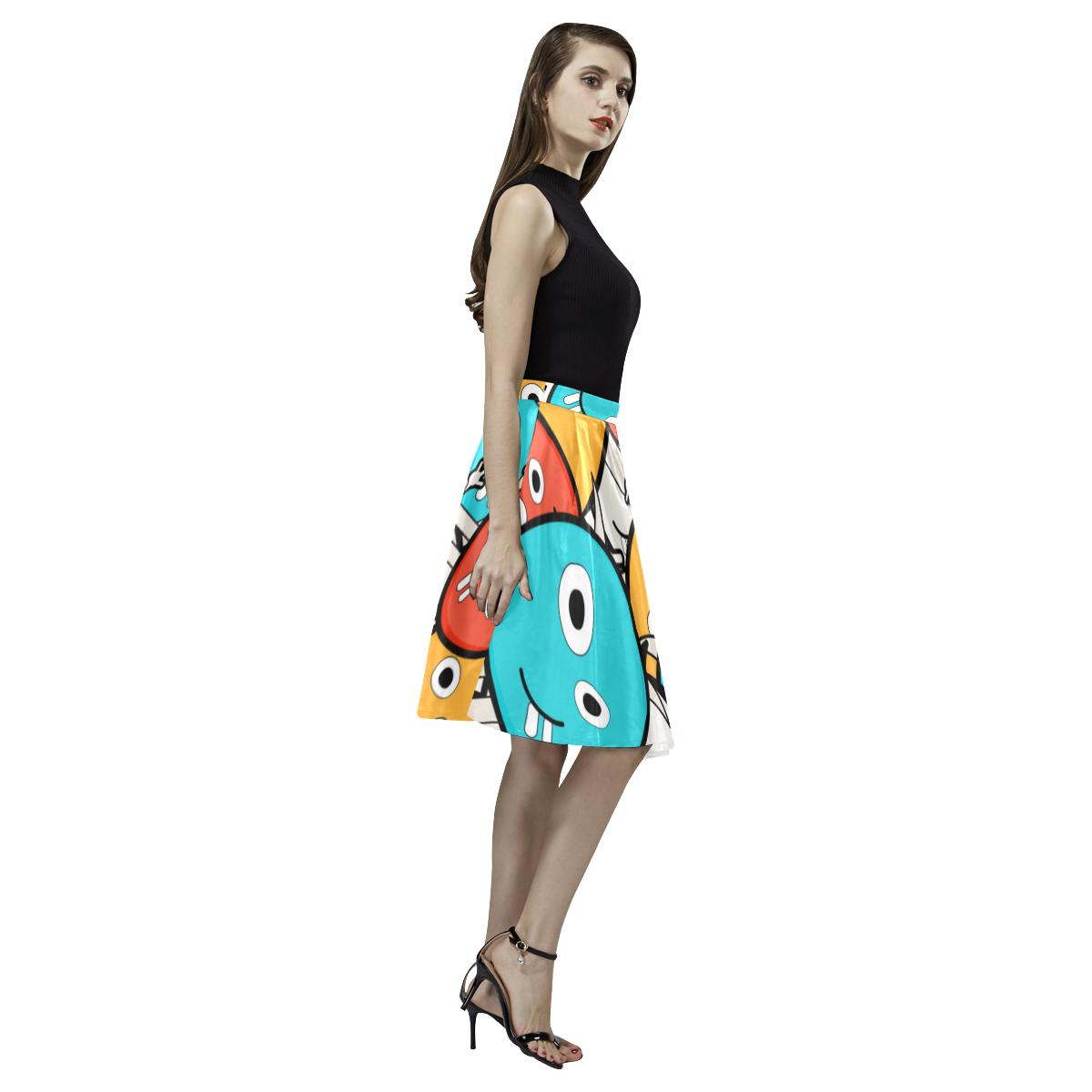 multicolor doodle monsters Melete Pleated Midi Skirt (Model D15)