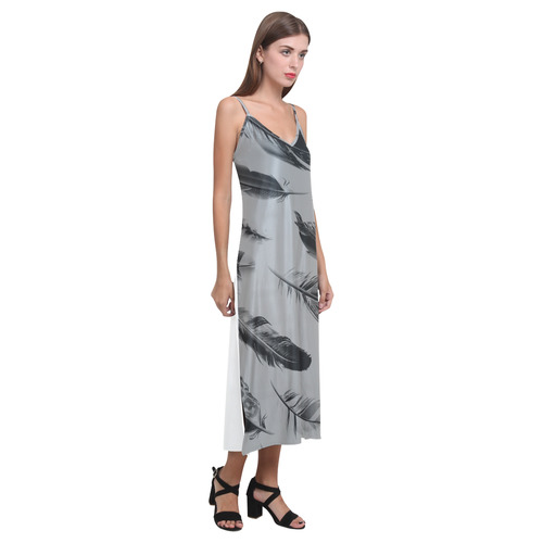 Luxury long Ladies dress with Feathers / grey V-Neck Open Fork Long Dress(Model D18)