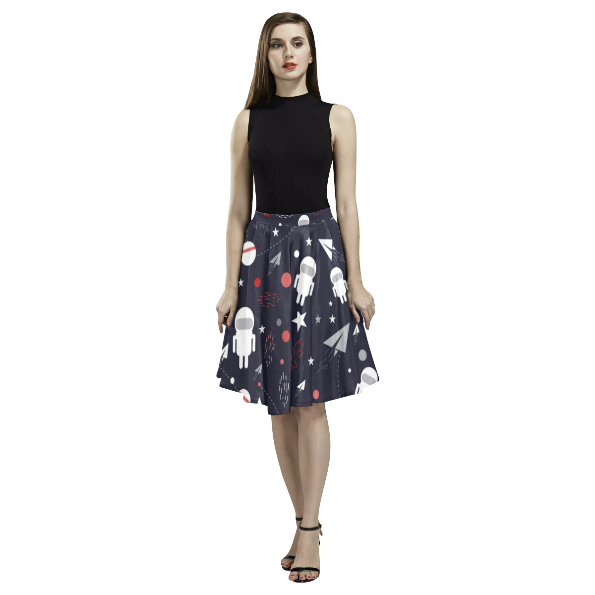 Astronaut Doodle Melete Pleated Midi Skirt (Model D15)