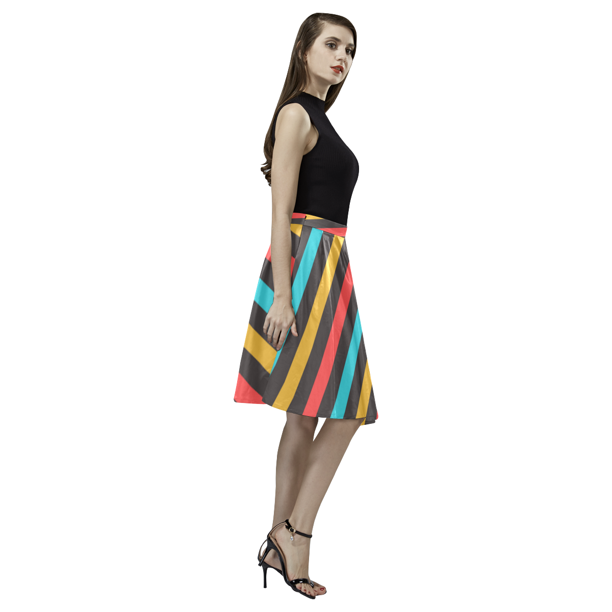 retro stripe Melete Pleated Midi Skirt (Model D15)