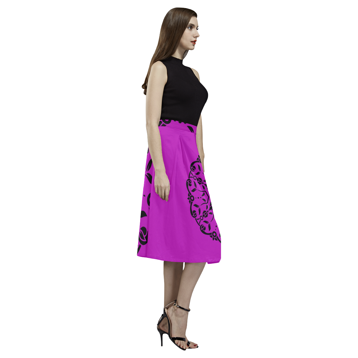 Designers luxury Crepe skirt : Purple with Mandala art Aoede Crepe Skirt (Model D16)