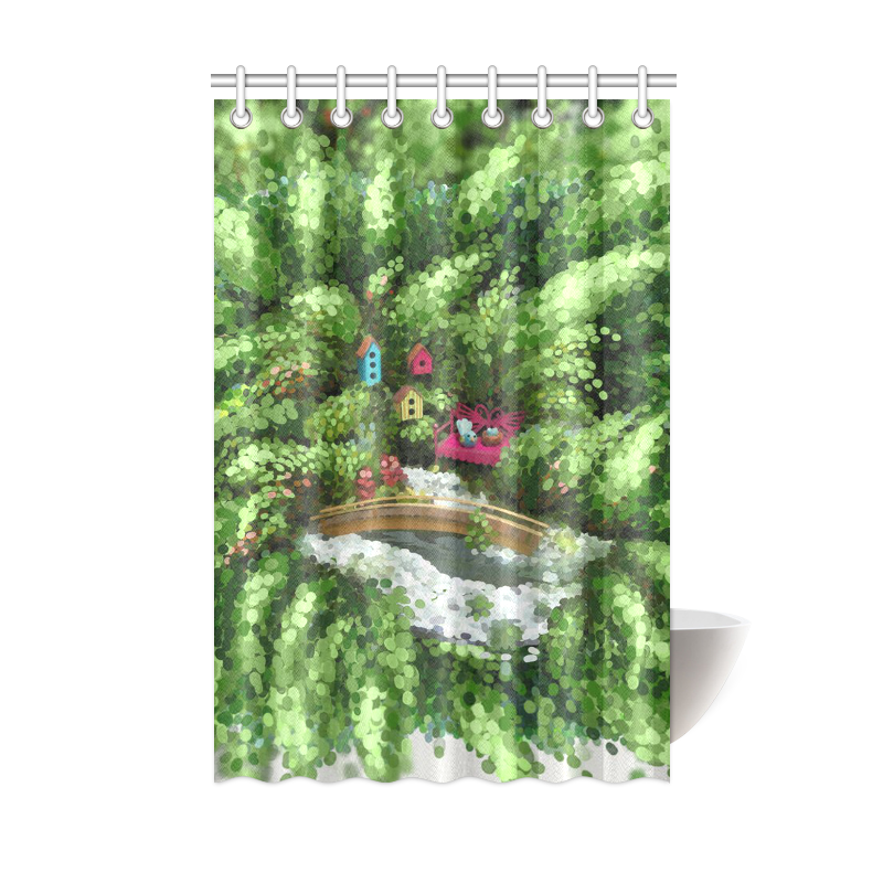 Birds and nest boxes in fairy tale garden, kids Shower Curtain 48"x72"