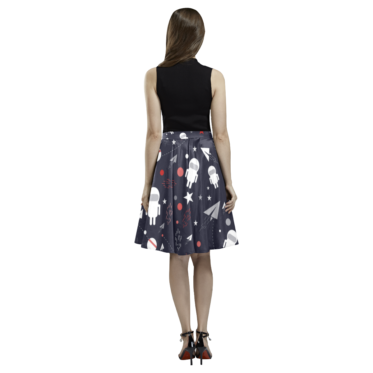 Astronaut Doodle Melete Pleated Midi Skirt (Model D15)