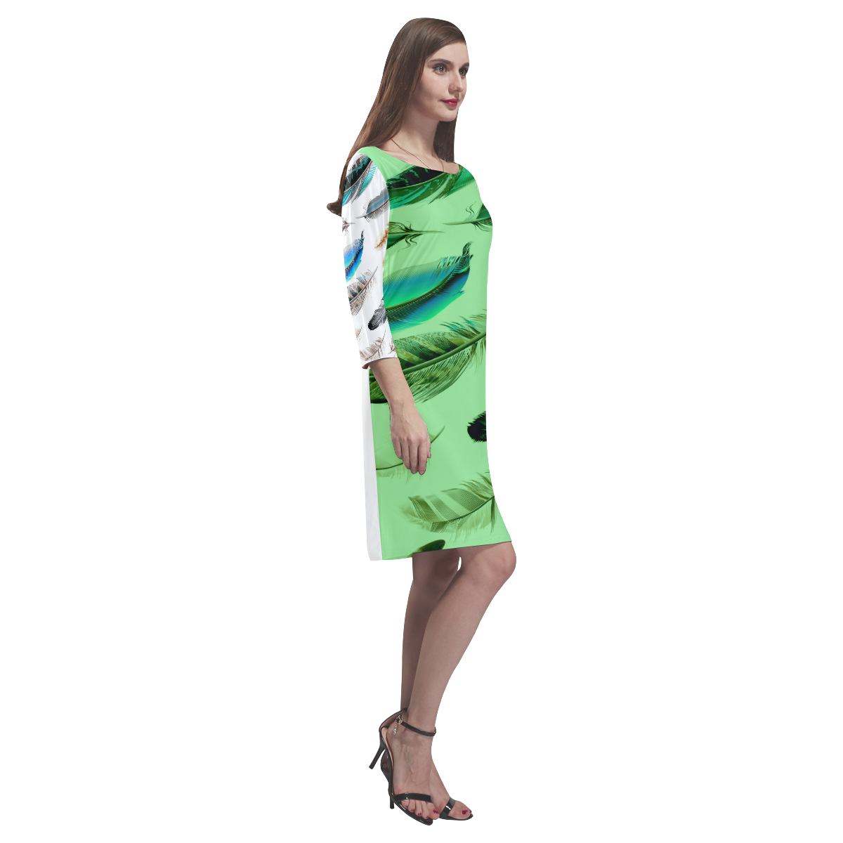 DESIGNERS LUXURY GREEN DRESS with Feathers. Summer Shop Rhea Loose Round Neck Dress(Model D22)