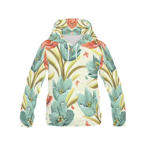Red Teal Floral Butterflies Vintage All Over Print Hoodie for Women (USA Size) (Model H13)