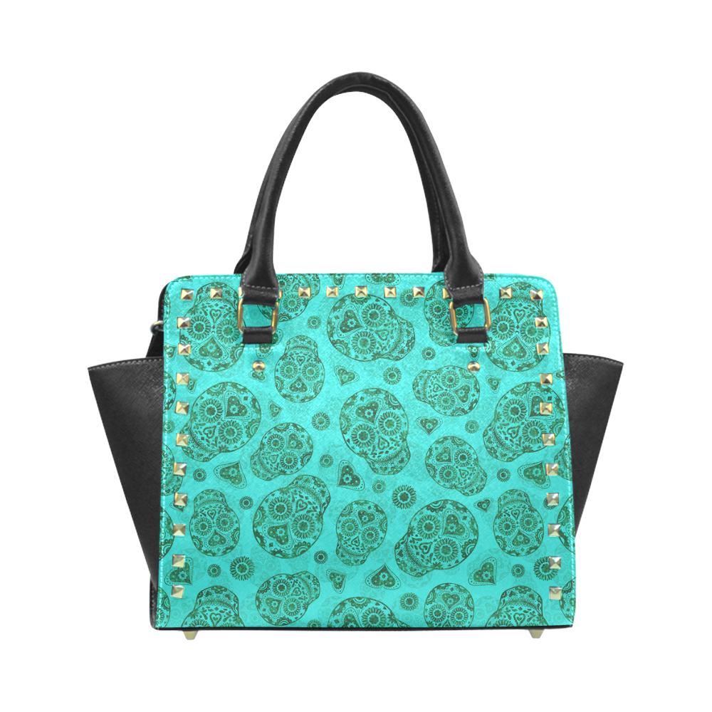 Sugar Skull Pattern - Teal Rivet Shoulder Handbag (Model 1645)