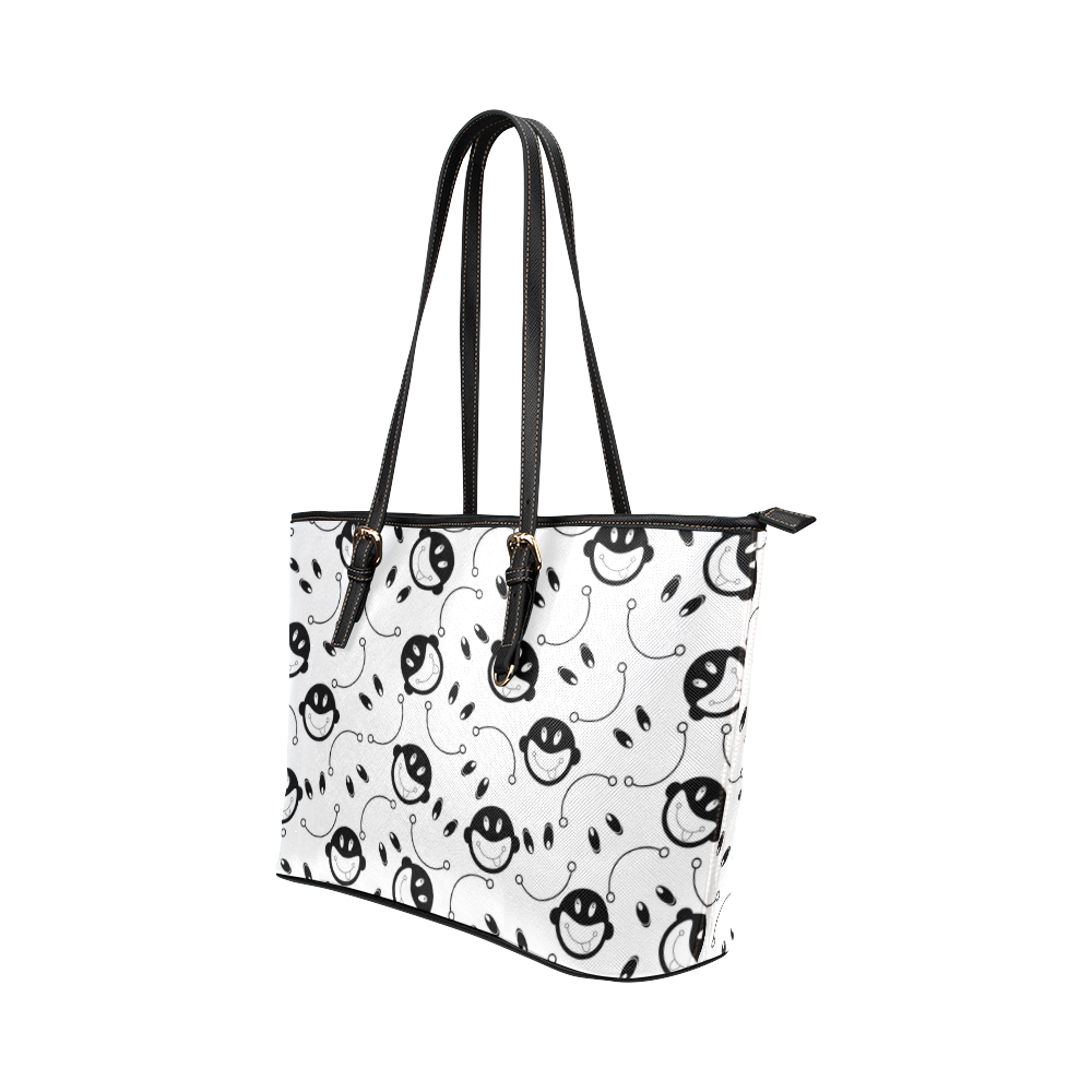 black and white funny monkeys Leather Tote Bag/Large (Model 1651)
