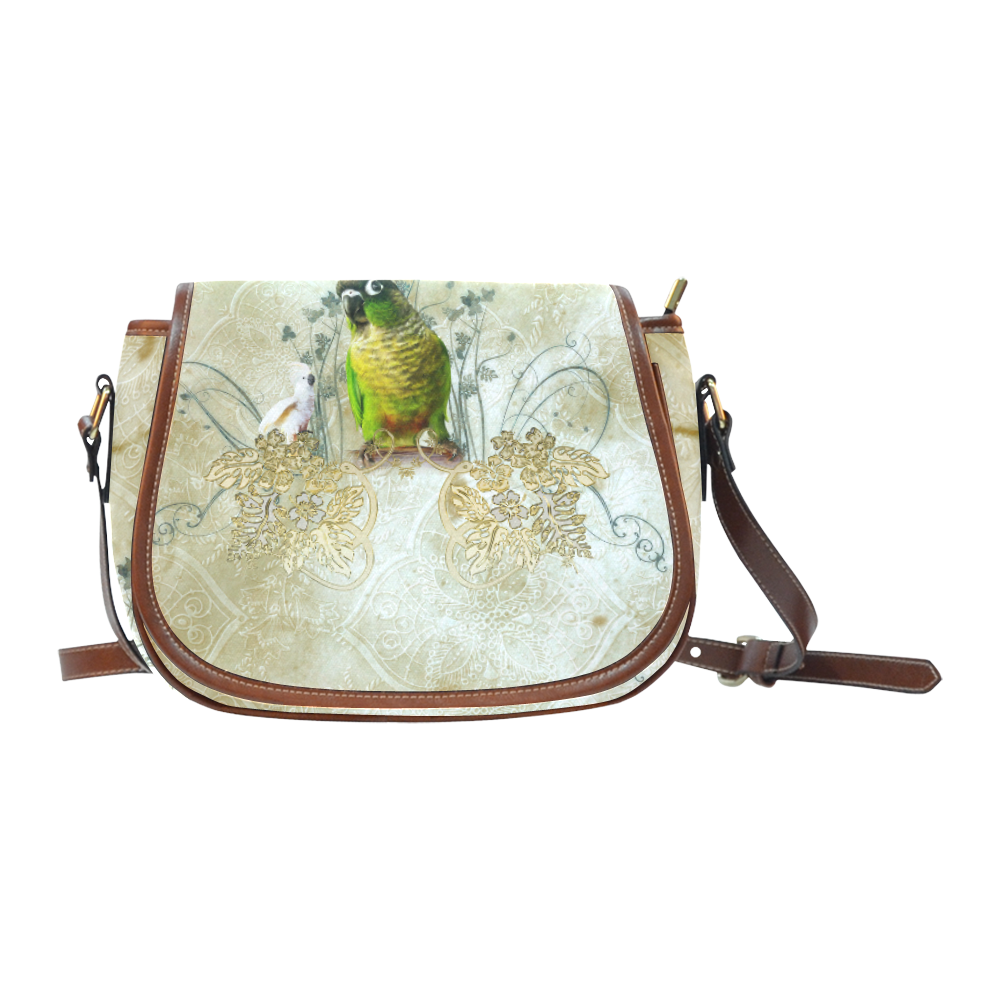 Sweet parrot with floral elements Saddle Bag/Small (Model 1649) Full Customization