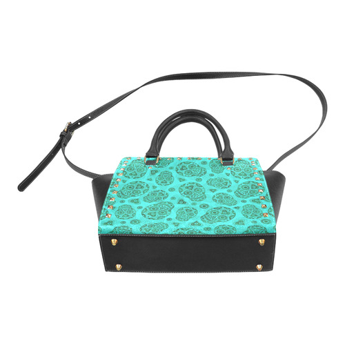 Sugar Skull Pattern - Teal Rivet Shoulder Handbag (Model 1645)