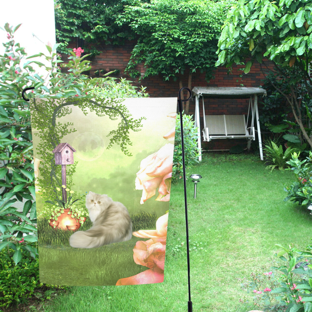 Cute cat in a garden Garden Flag 12‘’x18‘’（Without Flagpole）