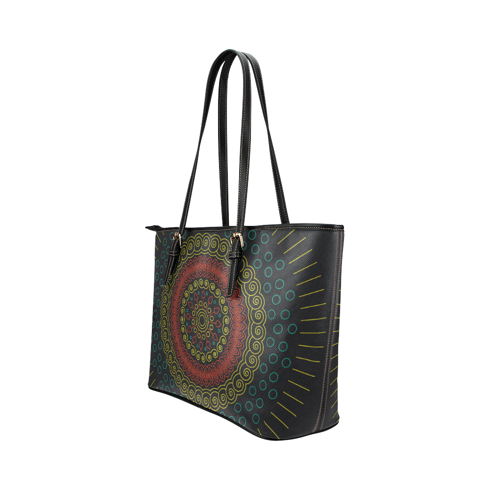 yellow with red mandala circular Leather Tote Bag/Small (Model 1651)