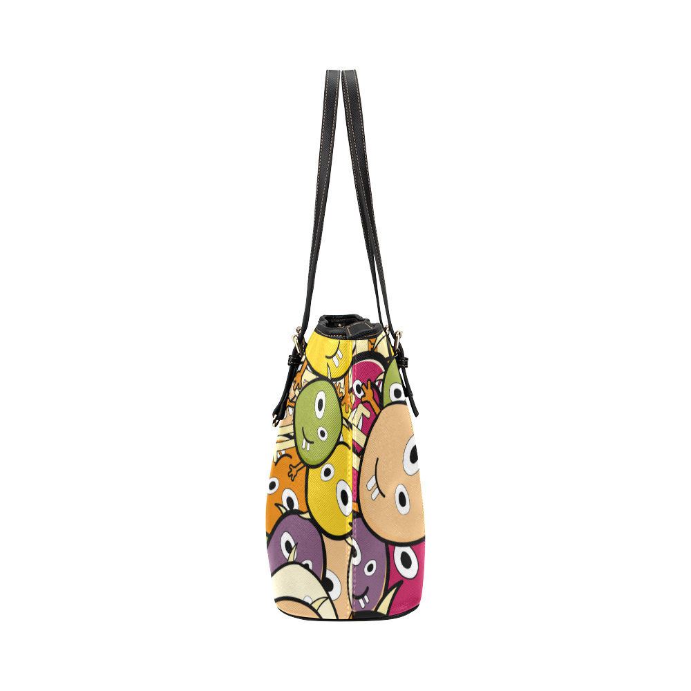 monster colorful doodle Leather Tote Bag/Large (Model 1651)