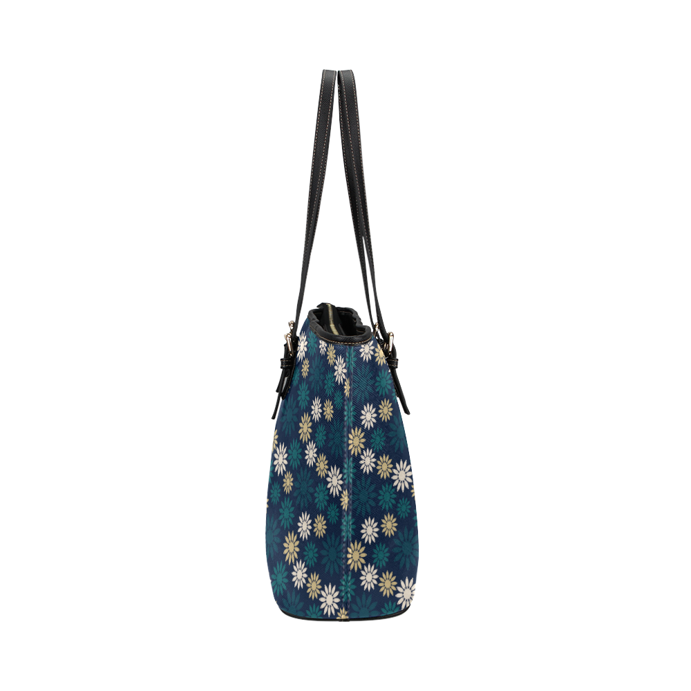 Blue Symbolic Camomiles Floral Leather Tote Bag/Small (Model 1651)