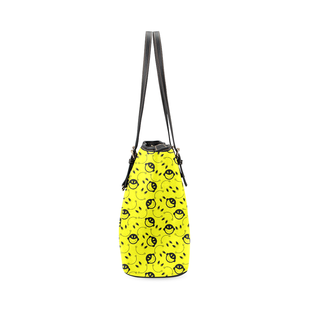 monkey tongue out on yellow Leather Tote Bag/Small (Model 1640)