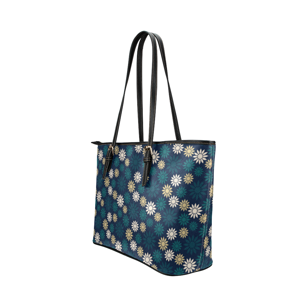 Blue Symbolic Camomiles Floral Leather Tote Bag/Small (Model 1651)