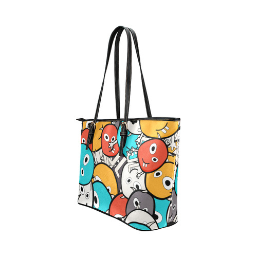 multicolor doodle monsters Leather Tote Bag/Small (Model 1651)