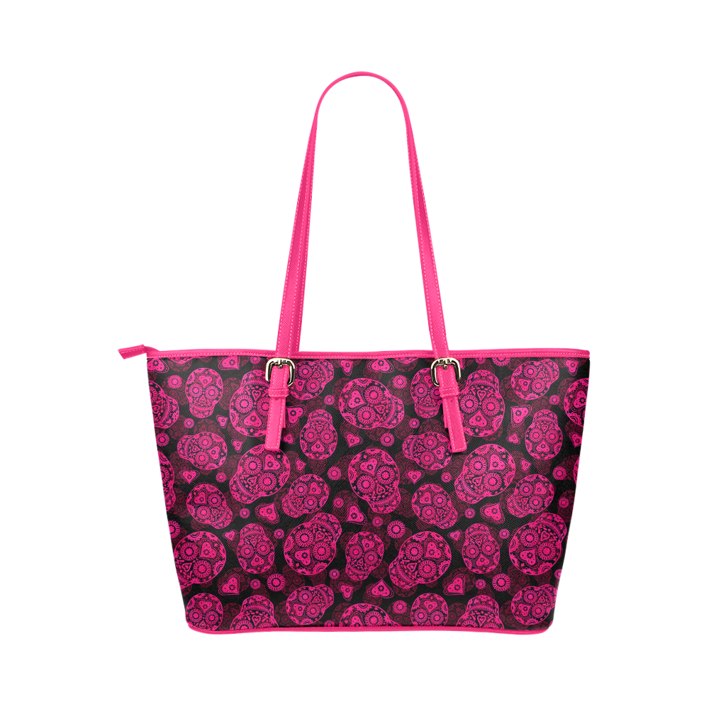 Sugar Skull Pattern - Pink Leather Tote Bag/Small (Model 1651)