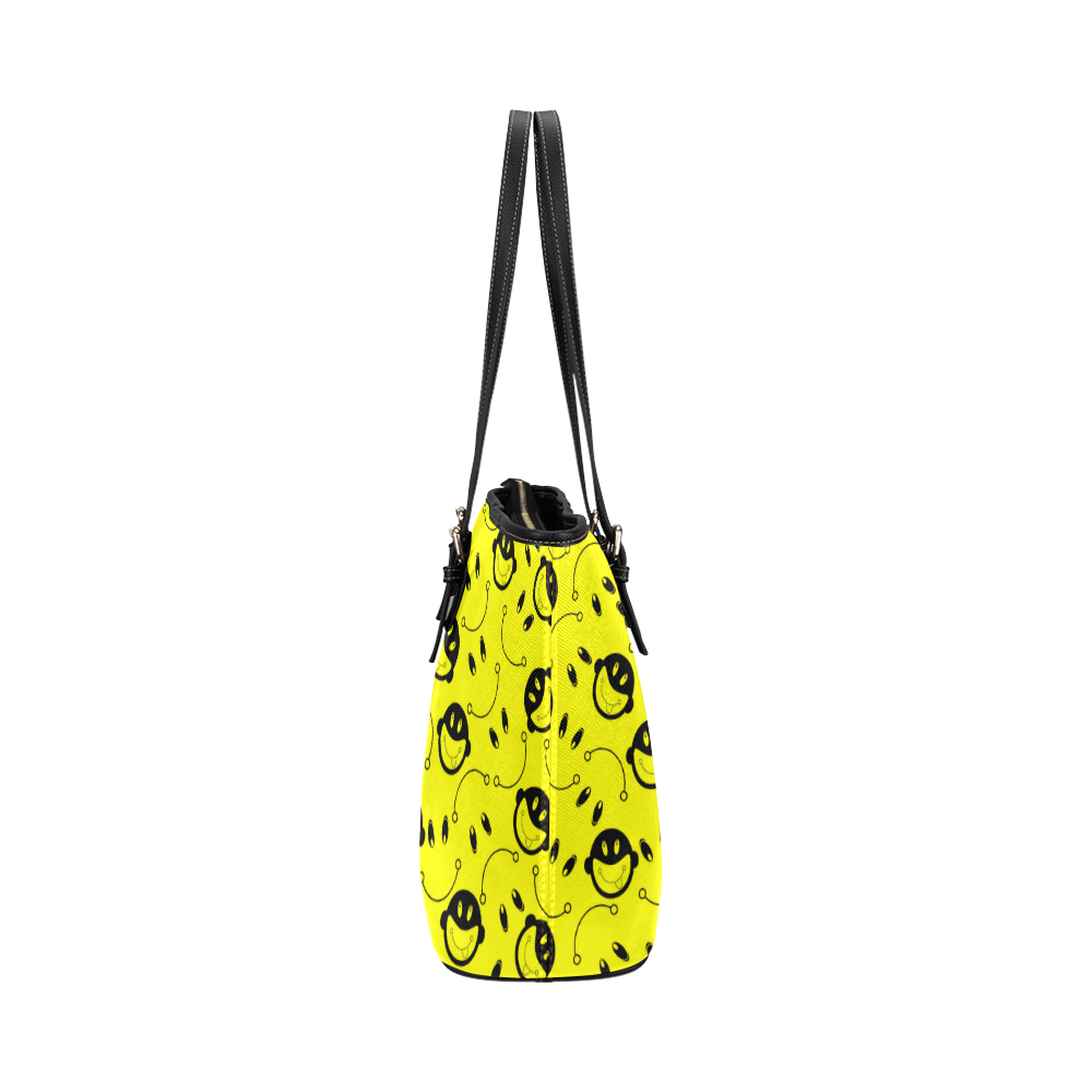 monkey tongue out on yellow Leather Tote Bag/Small (Model 1651)