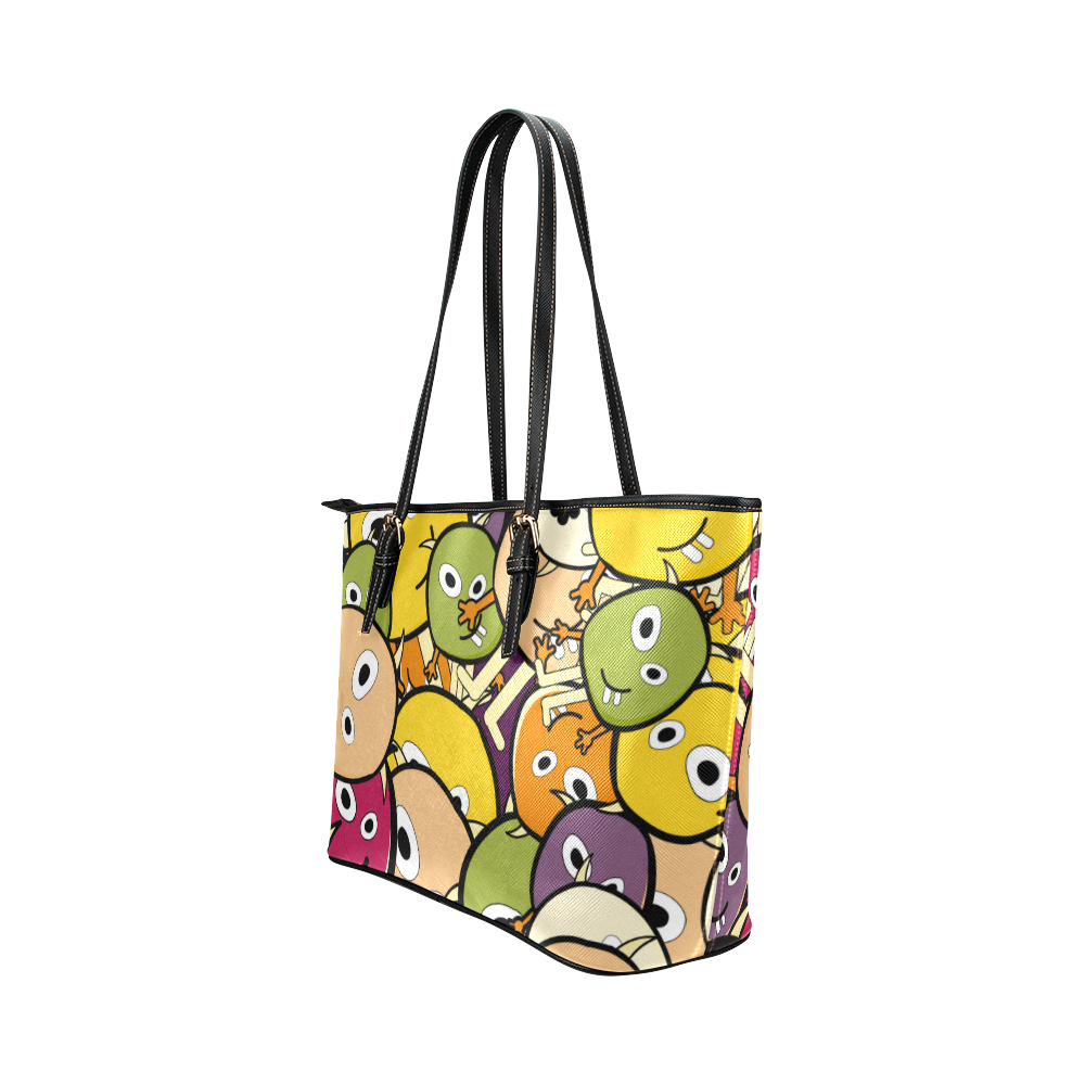 monster colorful doodle Leather Tote Bag/Small (Model 1651)