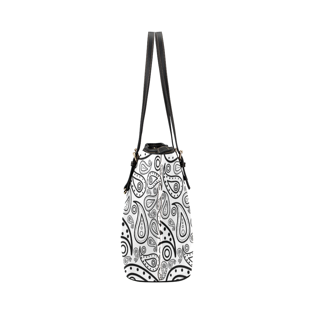 black and white paisley Leather Tote Bag/Small (Model 1651)