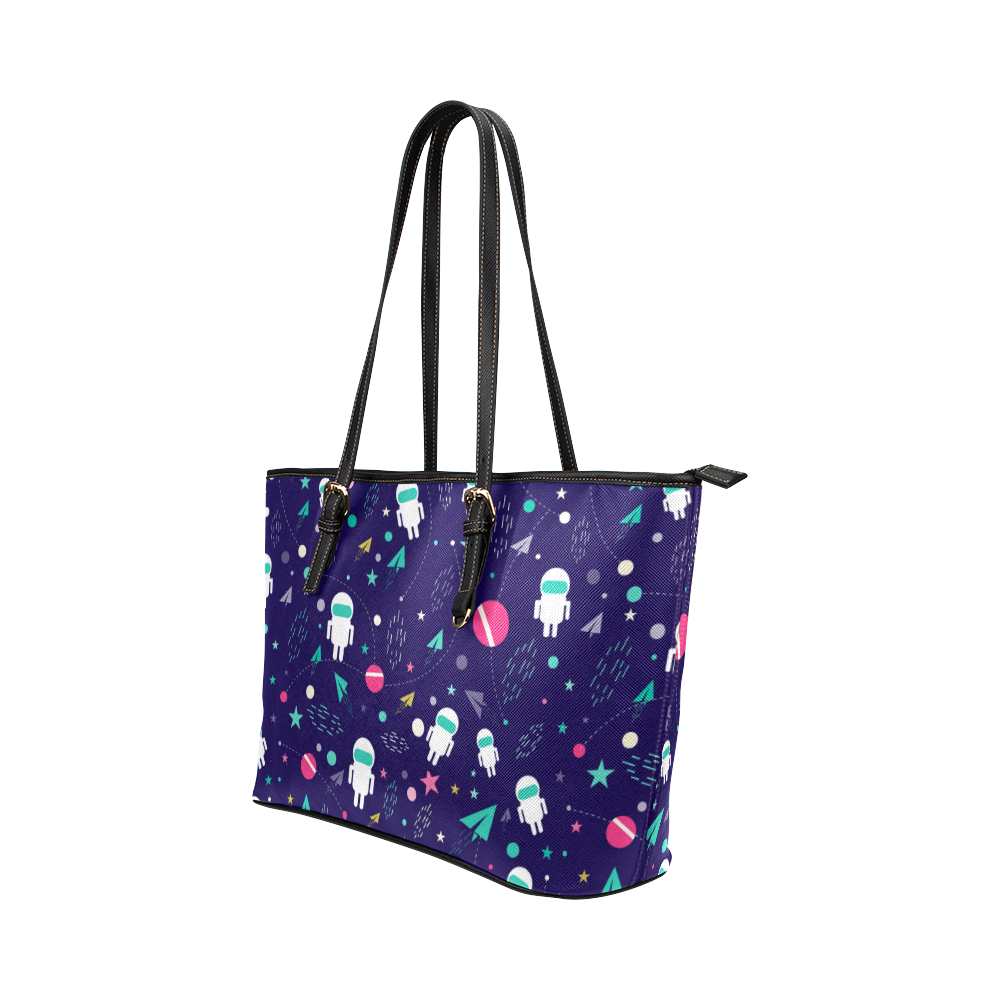 Cute Doodle Astronauts Leather Tote Bag/Large (Model 1651)