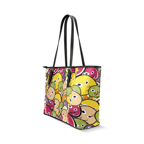 monster colorful doodle Leather Tote Bag/Small (Model 1640)