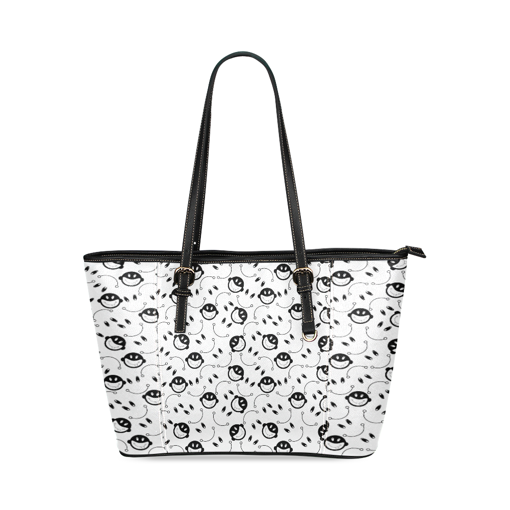 black and white funny monkeys Leather Tote Bag/Small (Model 1640)