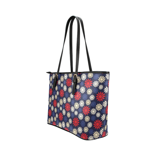 Red Symbolic Camomiles Floral Leather Tote Bag/Large (Model 1651)