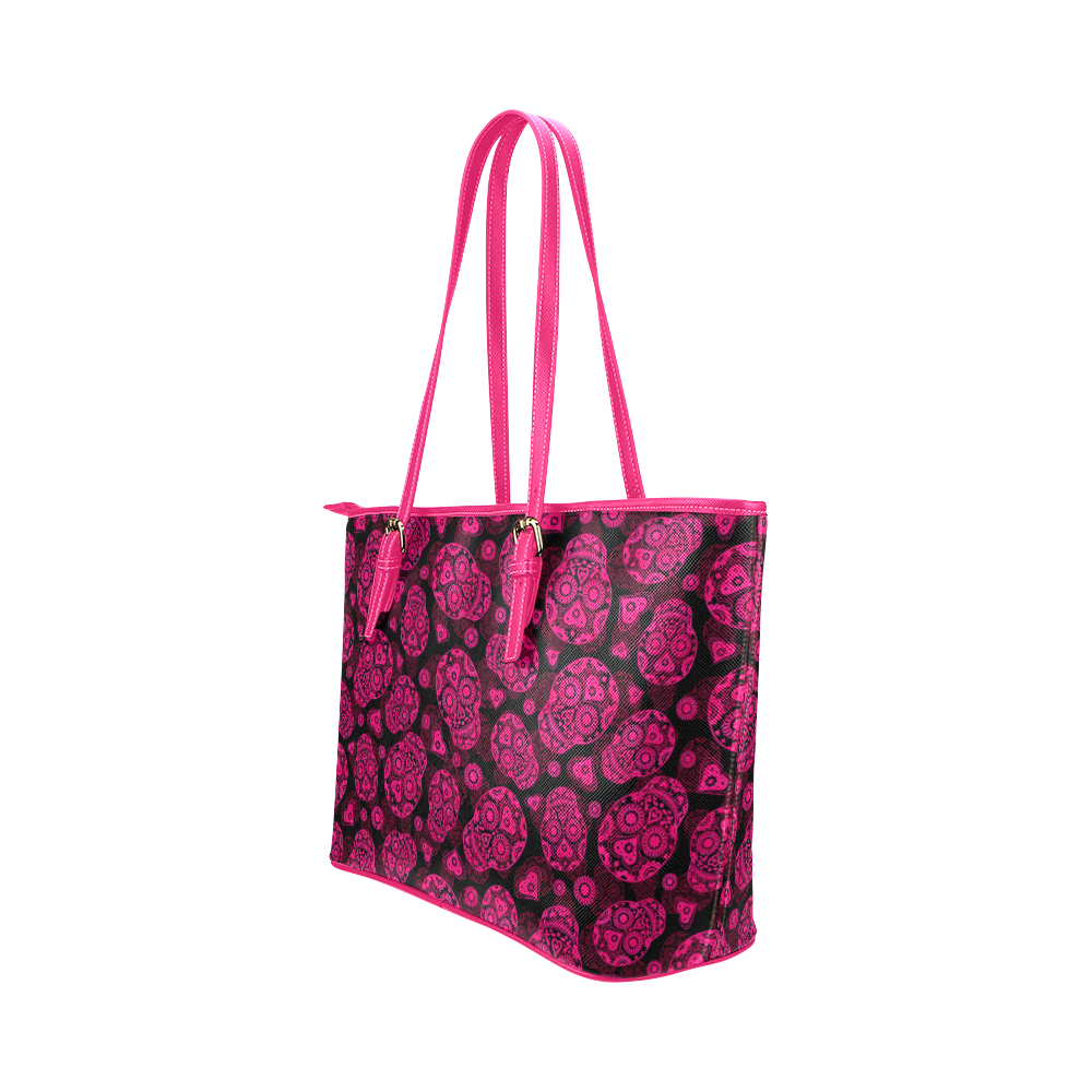 Sugar Skull Pattern - Pink Leather Tote Bag/Large (Model 1651)