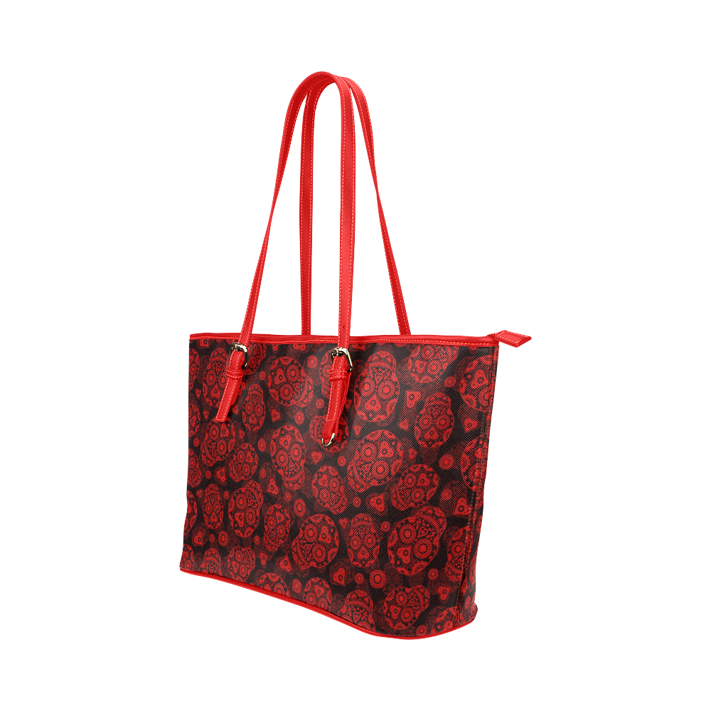 Sugar Skull Pattern - Red Leather Tote Bag/Large (Model 1651)